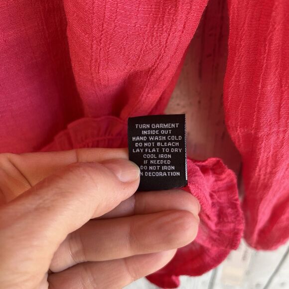 Zac & Rachel Womens Hot Pink Boho Peasant Top Size XL Beaded Smocked Puff Sleeve - Picture 13 of 14